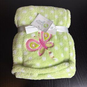 NWT BABY GEAR Green/White Polka-Dot Butterfly Plush Baby Girl Blanket 30" x 40"